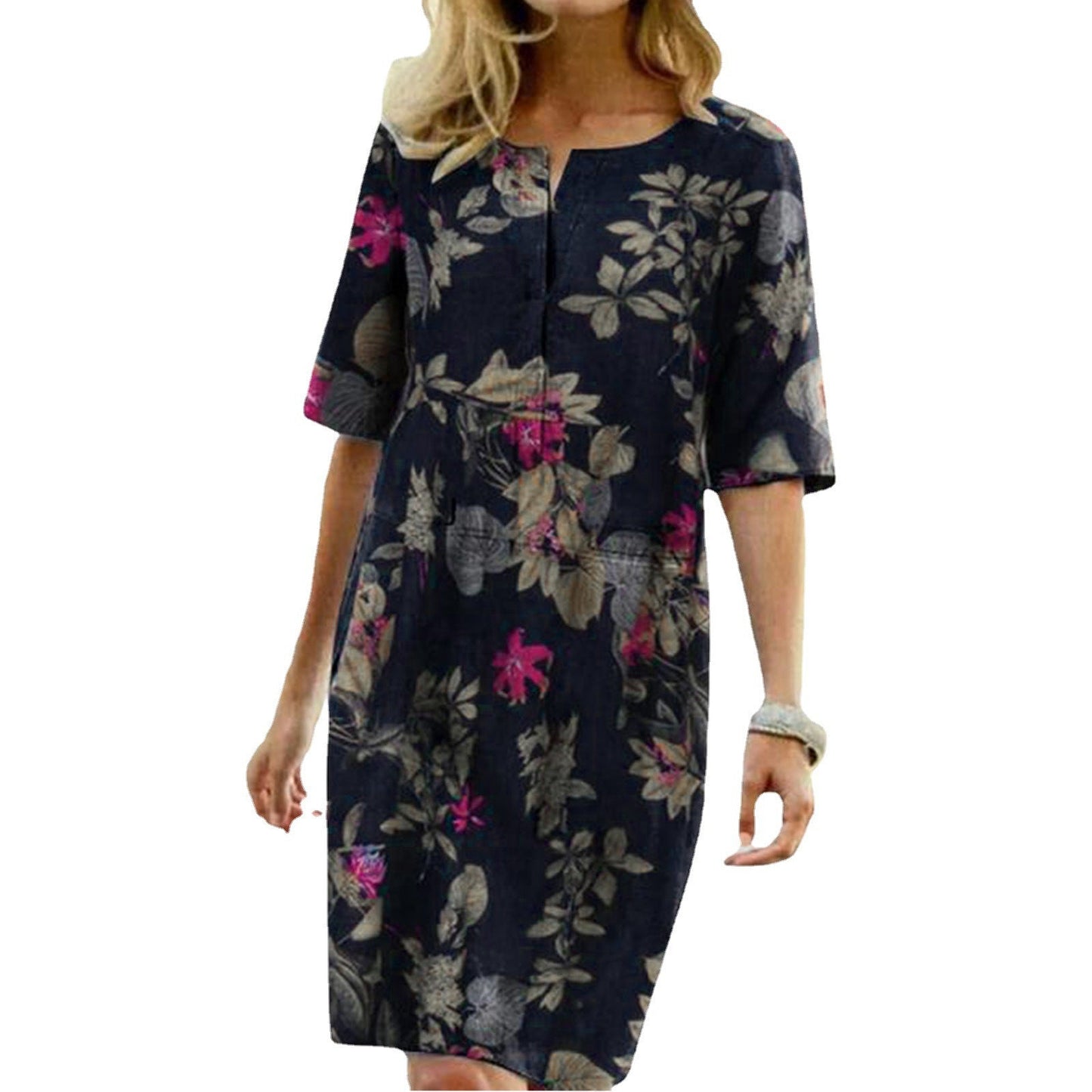 Women Vintage Tunicas Retro Floral Print Slite Dresses