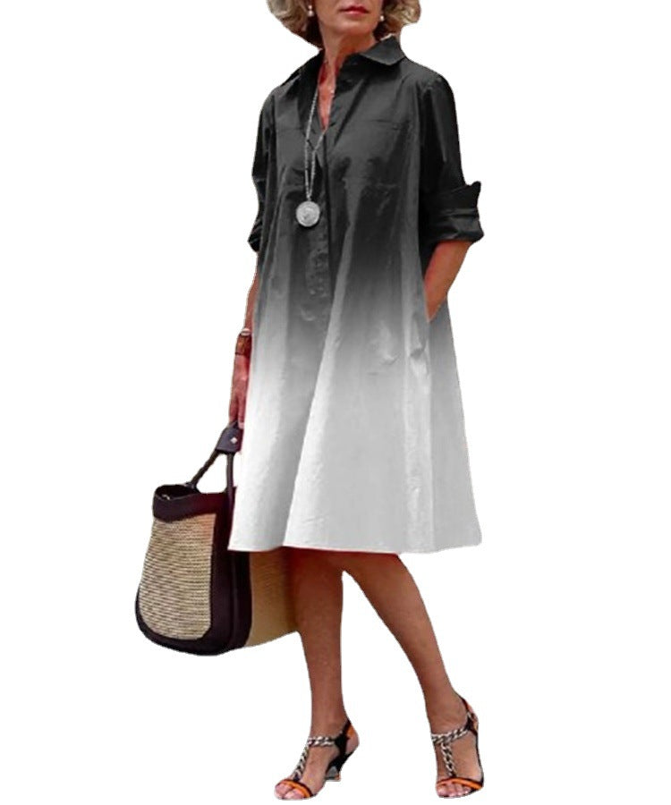 Women Gradient Shirt With Pocket Long Sleeve Loose Dress