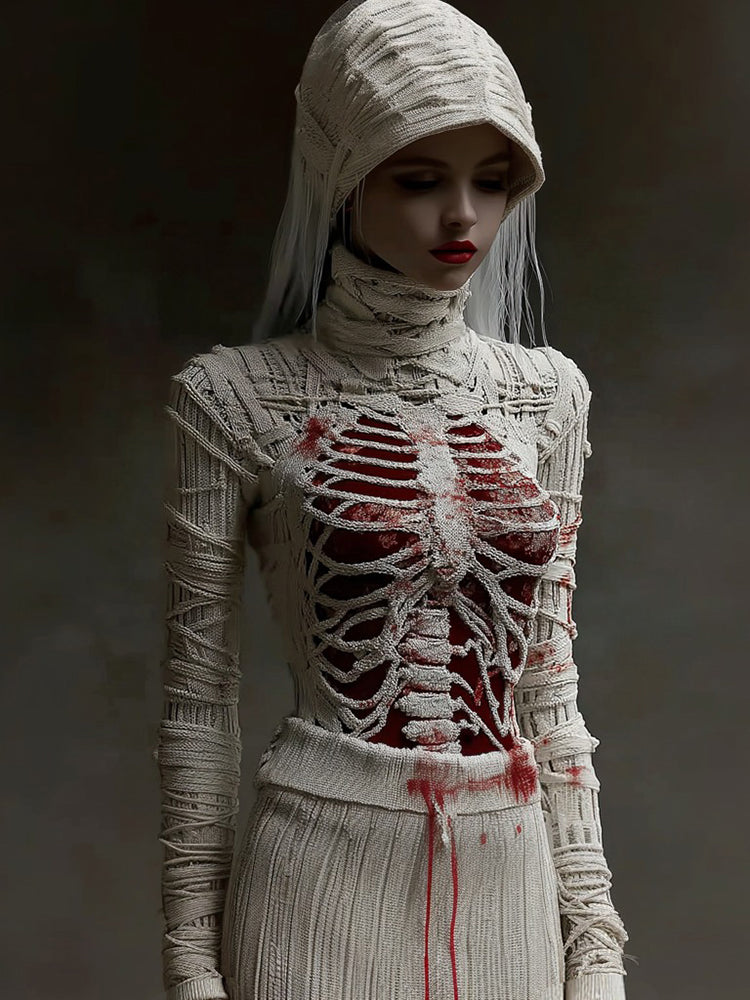 Halloween Bandage Skull Sequin Art Knitted Turtleneck Sweater