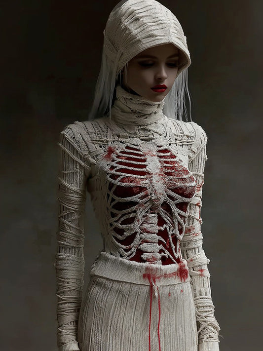 Halloween Bandage Skull Sequin Art Knitted Turtleneck Sweater