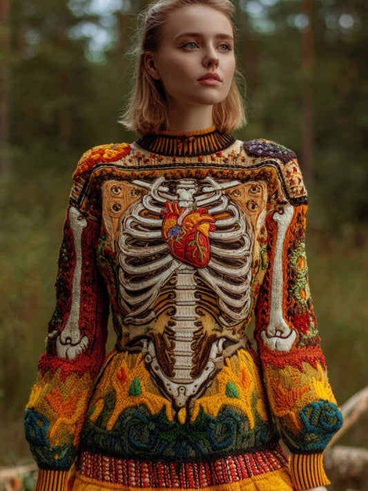 Vintage Halloween Human Anatomy Art Sense Thick Needle Round Neck Sweater