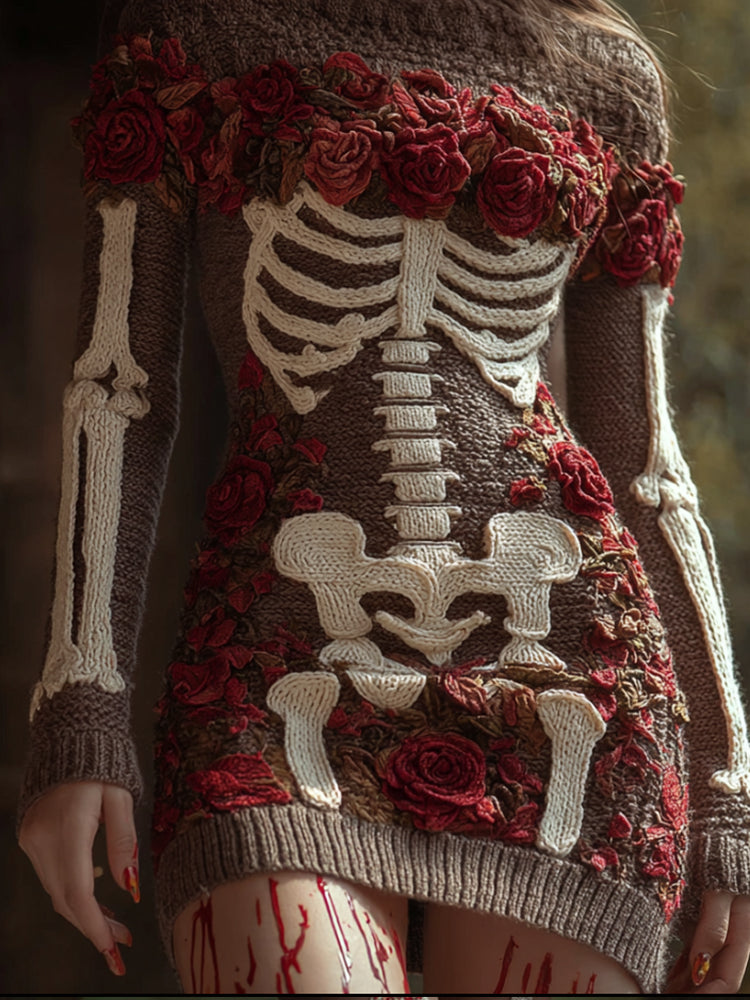 Women's Halloween Skeleton And Rose Round Neck Sweater