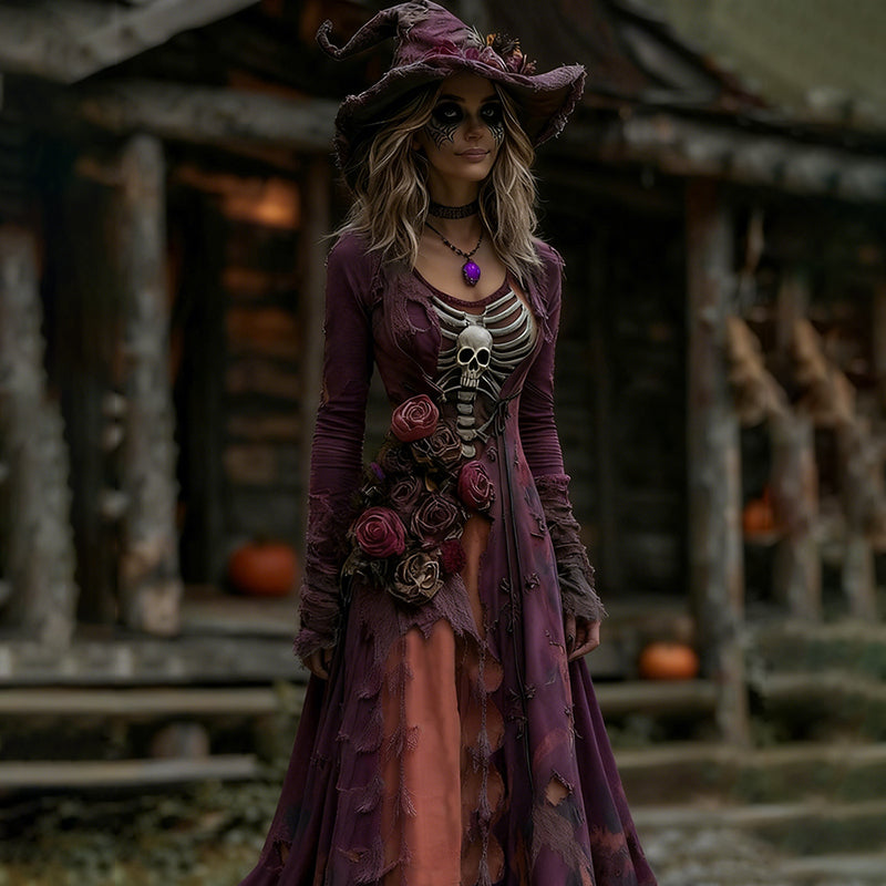 Women's Halloween Rose Skeleton Witch Role Play Round Neck Maxi Dress