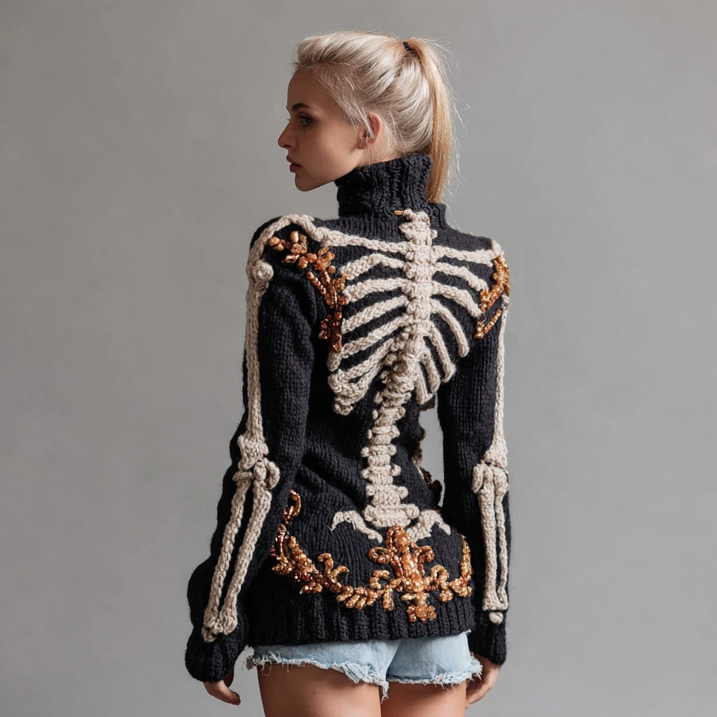 Women's Halloween Human Skeleton Art Turtleneck Slim Sweater