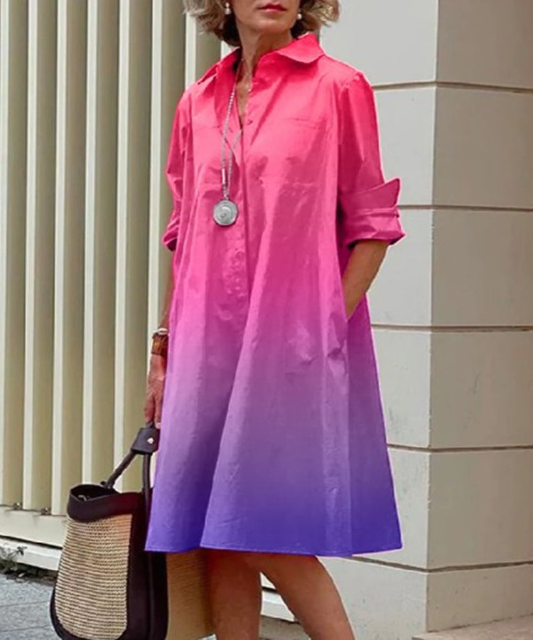 Women Gradient Shirt With Pocket Long Sleeve Loose Dress