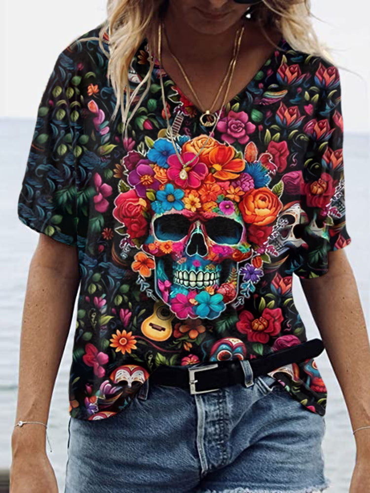 Mexican Sugar Skeleton Day Of The Dead Inspired Art Inspired Painting V-Neck T-Shirt