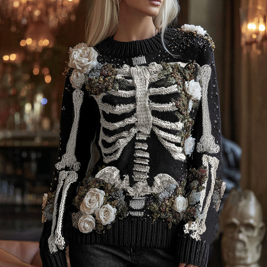 Women's Halloween Rose And Skeleton Anatomy Art  Round Neck Cozy Sweater