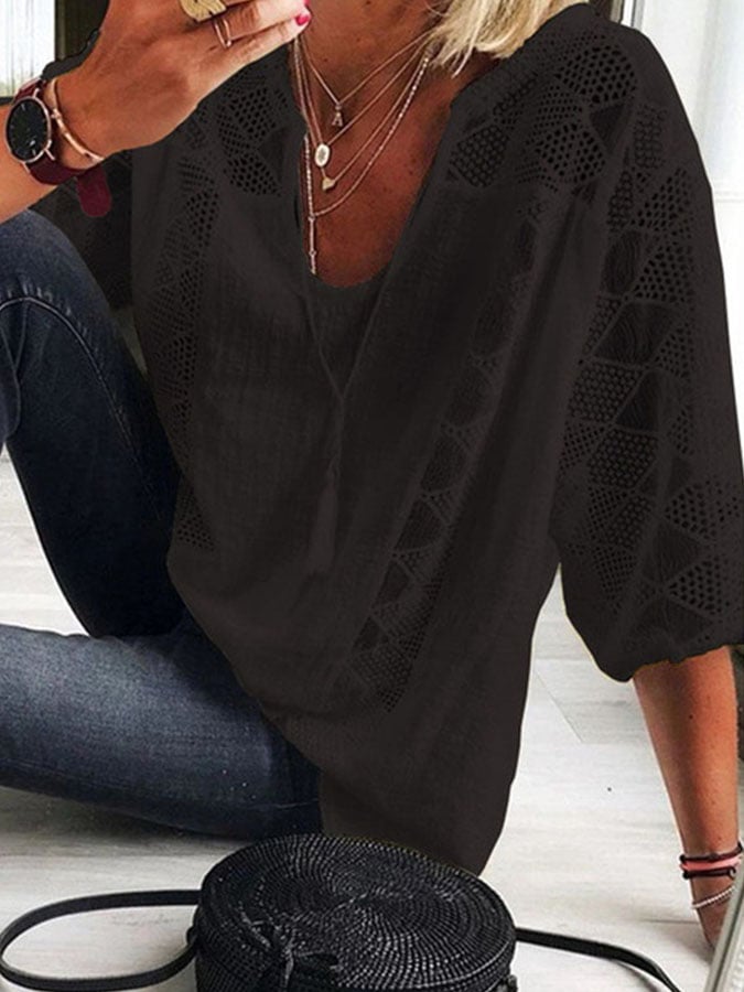 Loose Solid Color Pullover V-Neck Shirt