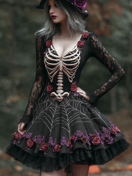 Halloween Skeleton And Rose Old Gothic Short Skirt