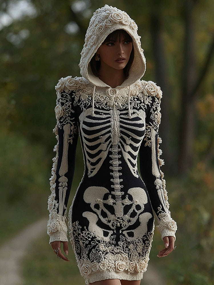 Women's Vintage Halloween Skeleton Bones With Rose Art Cozy Knit Hooded Sweater Dress
