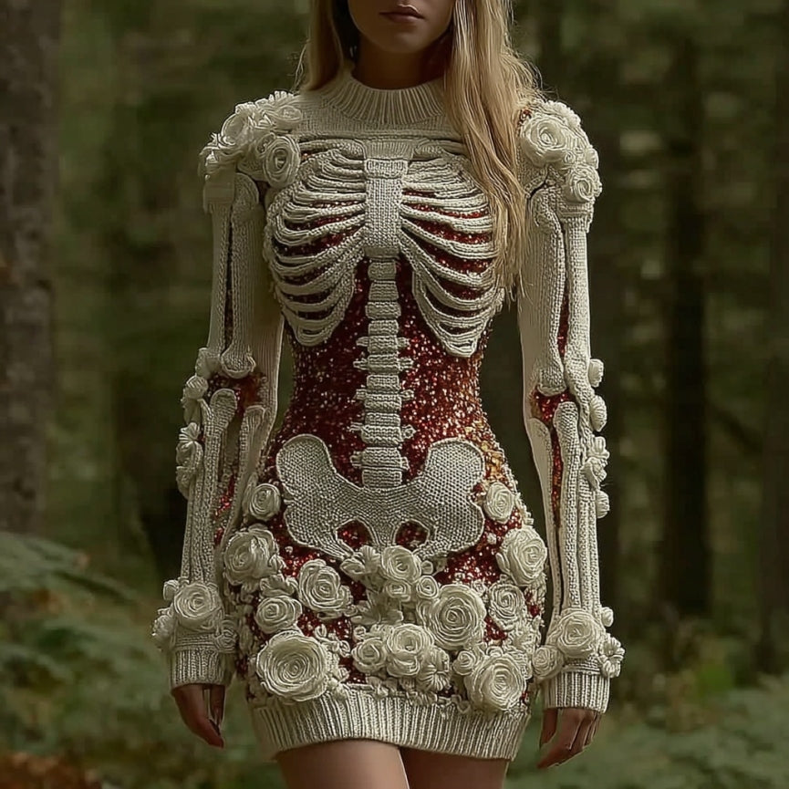 Women's Vintage Halloween Skeleton Bones Rose Art Cozy Knit Mini Sweater Dress