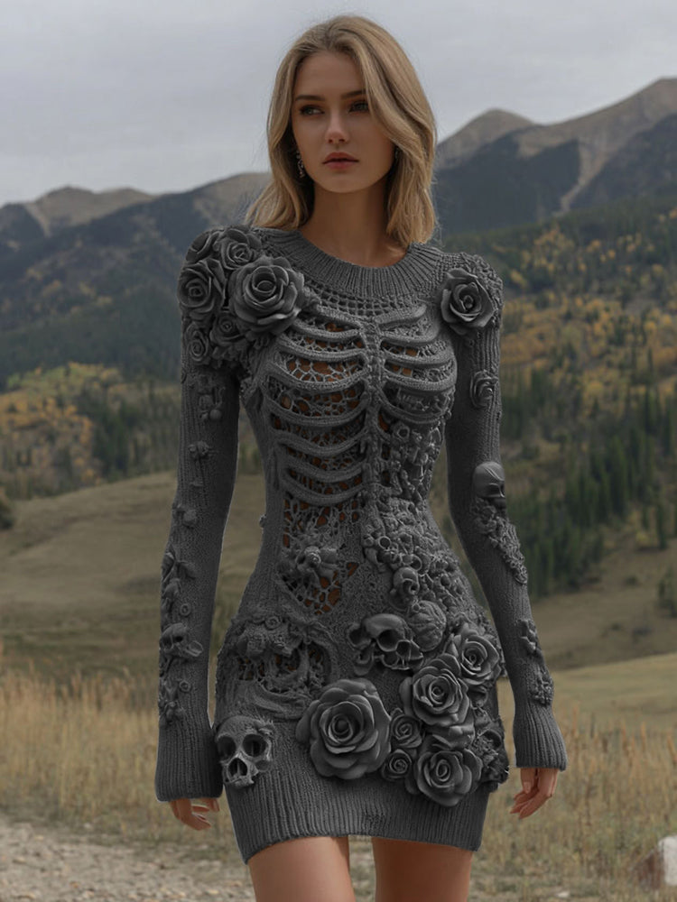 Women's Vintage Halloween Skeleton Skull With Rose Art Cozy Sweater Dress