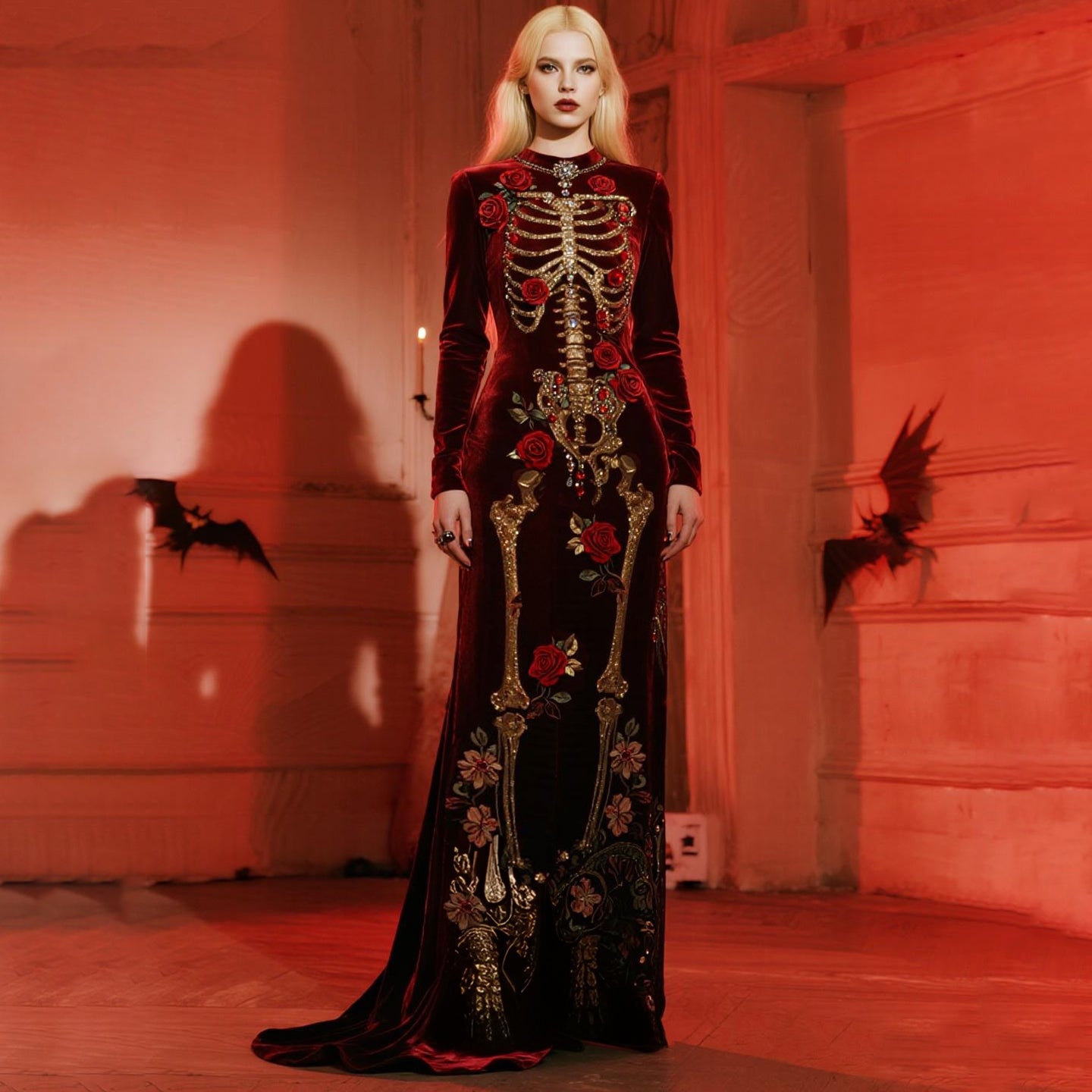 Women's Halloween Castle Rose Skeleton Velvet Round Neck Maxi Dress