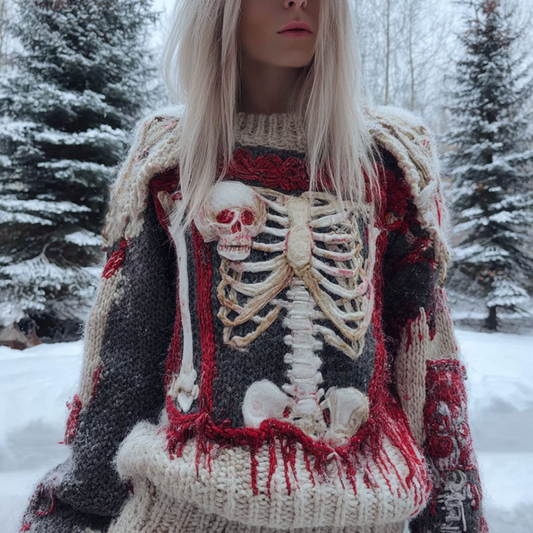 Lady's Halloween Gothic Style Skull Skeleton Pattern Knitted Sweater