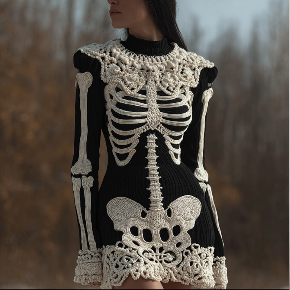 Women's Halloween Skeleton Flower Lace Embroidered Round Neck Mini Skirt