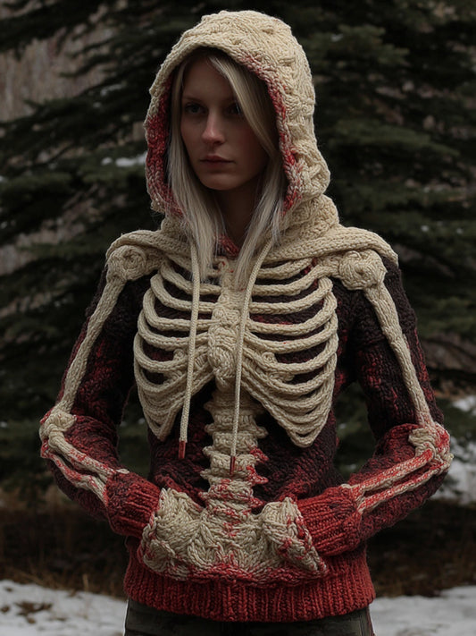 Women's Vintage White Skeleton Gradient Art Cozy Hooded Sweater