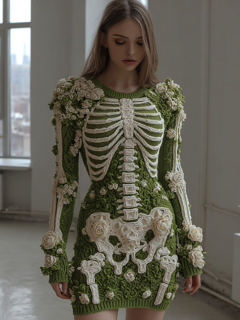 Women's Vintage Skull Rose Crochet Cozy Knit Sweater Dress