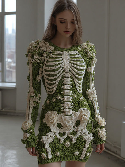 Women's Vintage Skull Rose Crochet Cozy Knit Sweater Dress