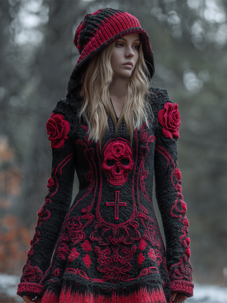 Halloween Viking Style Lady Hooded Knit Sweater Dress