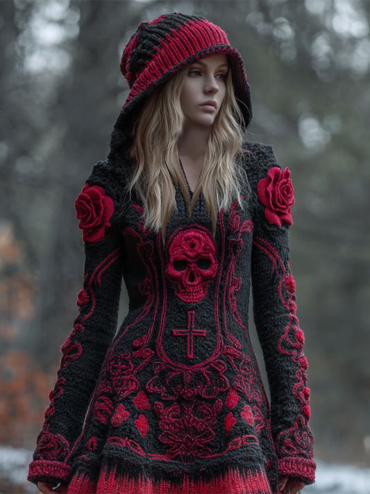 Halloween Viking Style Lady Hooded Knit Sweater Dress