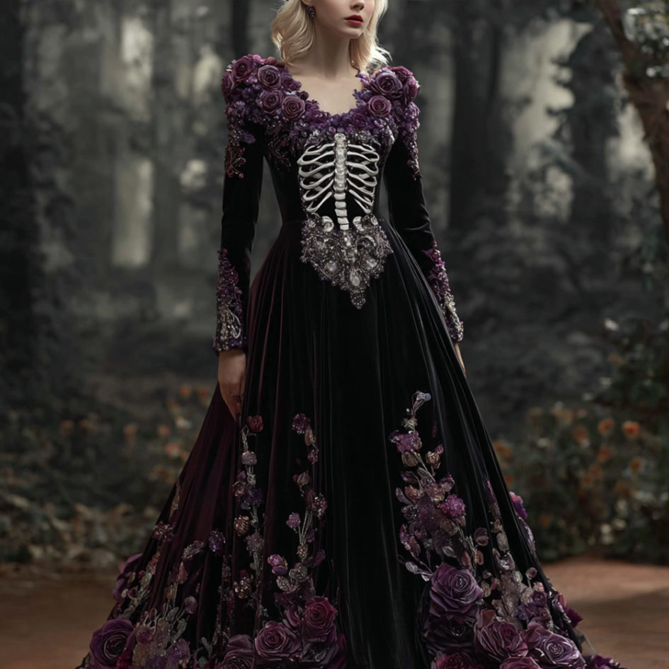 Woman's Velvet-textured Long Dress Designed With A Combination Of Halloween Skeleton And Plant Flower Patterns.