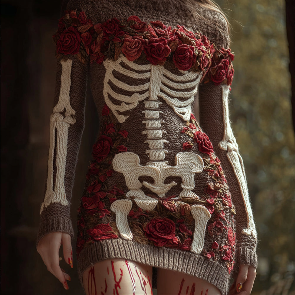 Women's Halloween Skeleton And Rose Round Neck Sweater