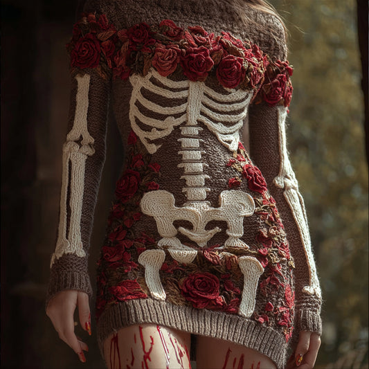 Women's Halloween Skeleton And Rose Round Neck Sweater