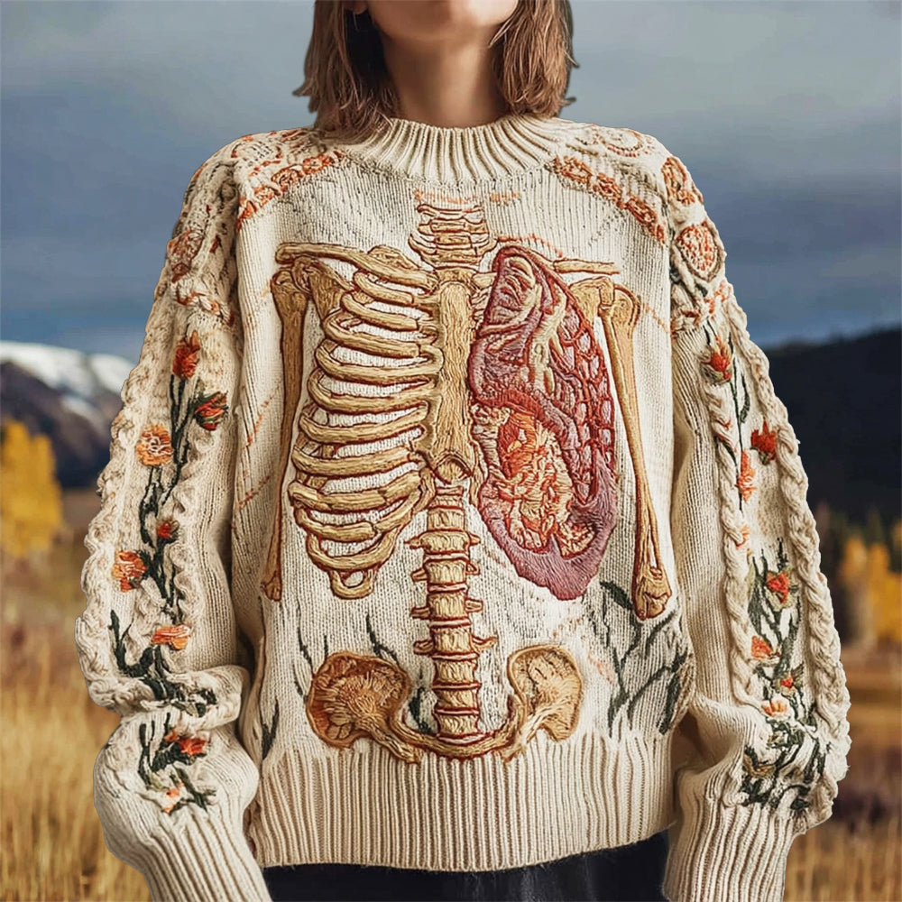 Vintage Anatomical Floral Embroidery Women's Knit Crew Neck Sweater