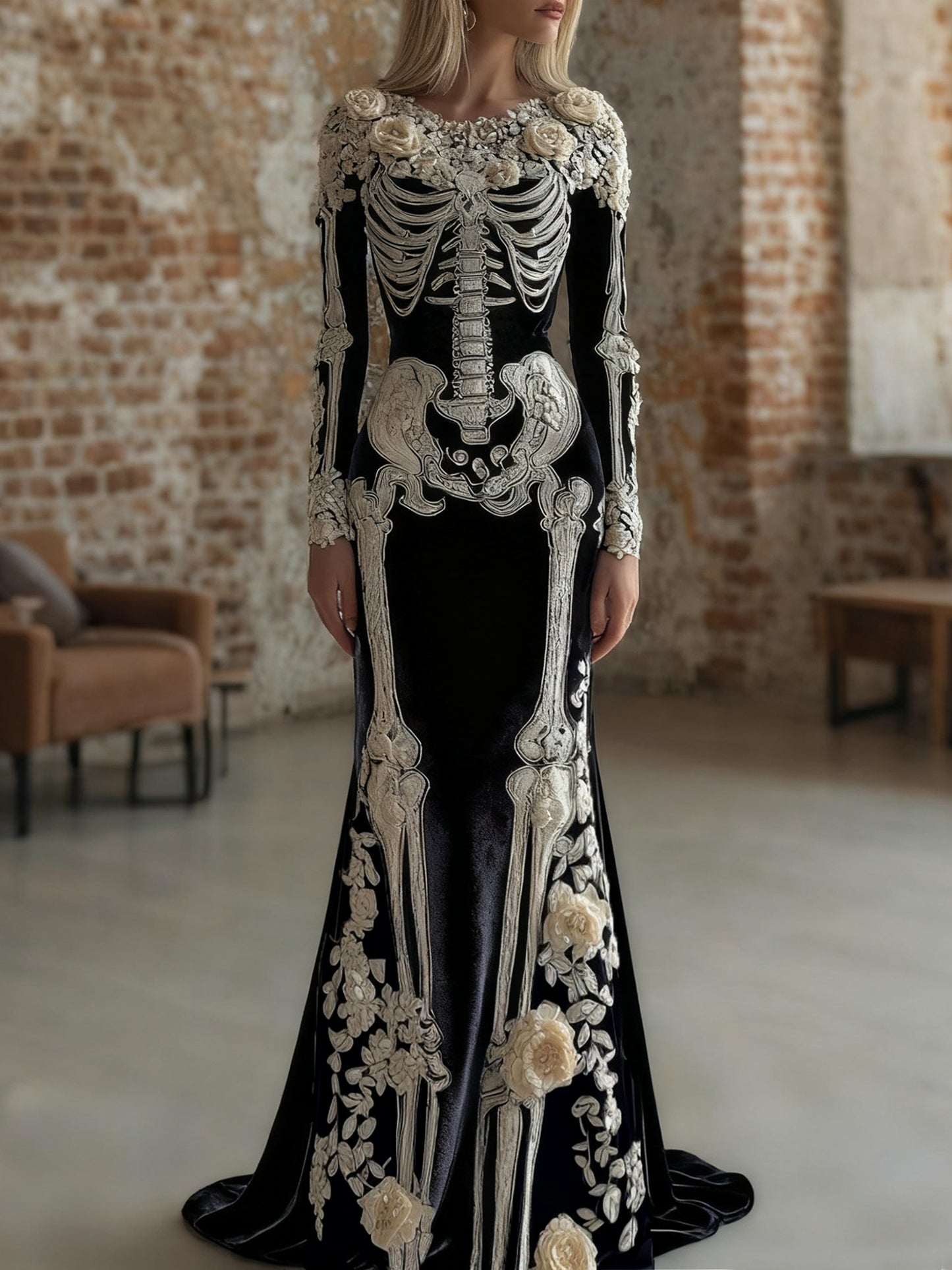 Women's Vintage Halloween Skull Rose Art Velvet Crew Neck Maxi Dress