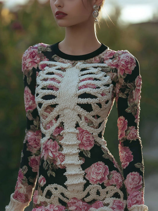 Women's Vintage Halloween Skeleton Bones With Rose Art Cozy Knit Mini Sweater Dress