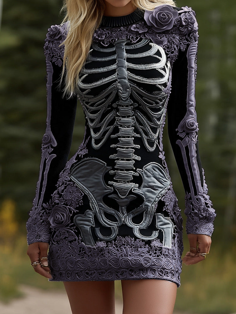 Women's Halloween Skeleton Bones Leather With Rose Pattern Art Hot Sexy Style Cozy Knit Mini Sweater Dress