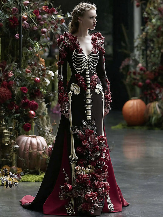 Halloween Skull Rose Art Elegant V-neck Dress