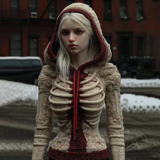 Women's Vintage Halloween Skeleton Color Block Knit Hooded Sweater