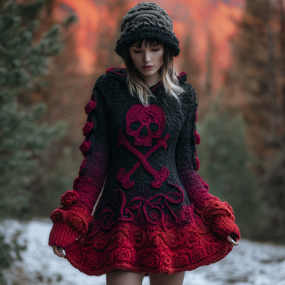 Halloween Viking Style Lady Hooded Knit Sweater Dress