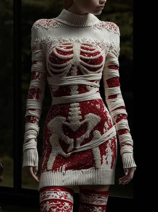 Women's Halloween Line Art Bandage Design Round Neck Knit Sweater Dress