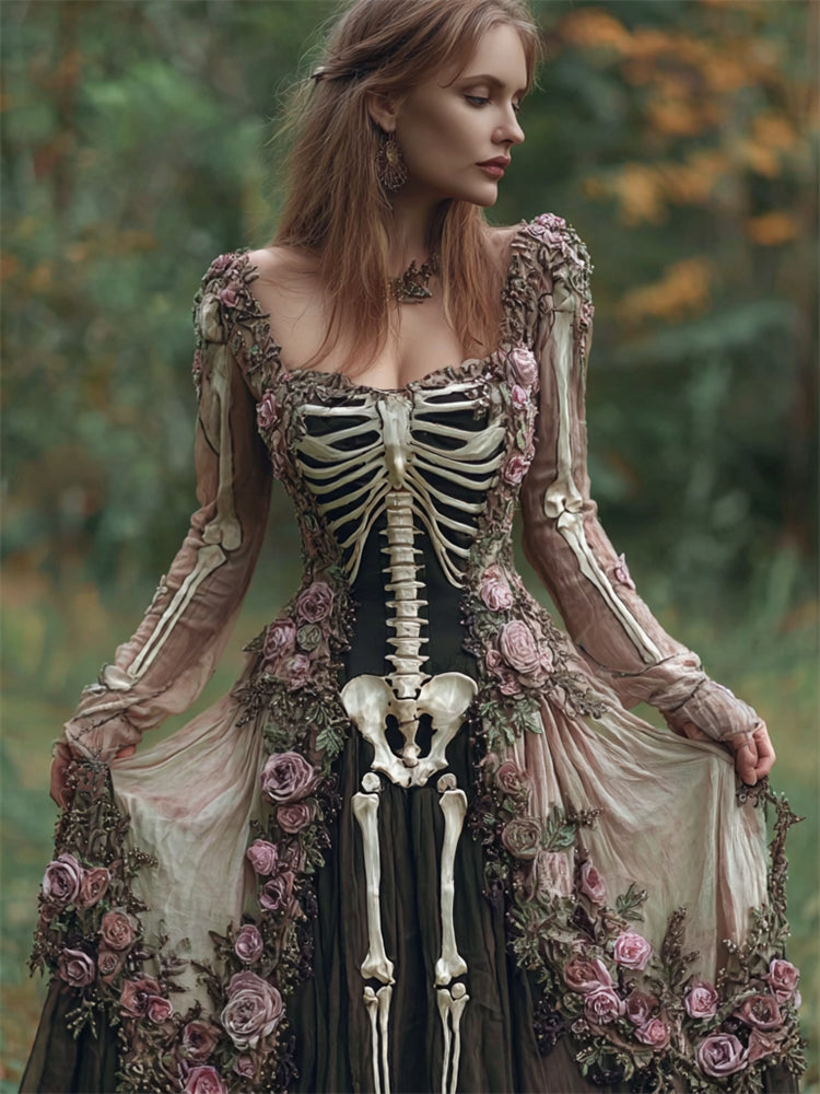 Vintage Skeleton Floral Fiber Art Flowy Linen Maxi Dress