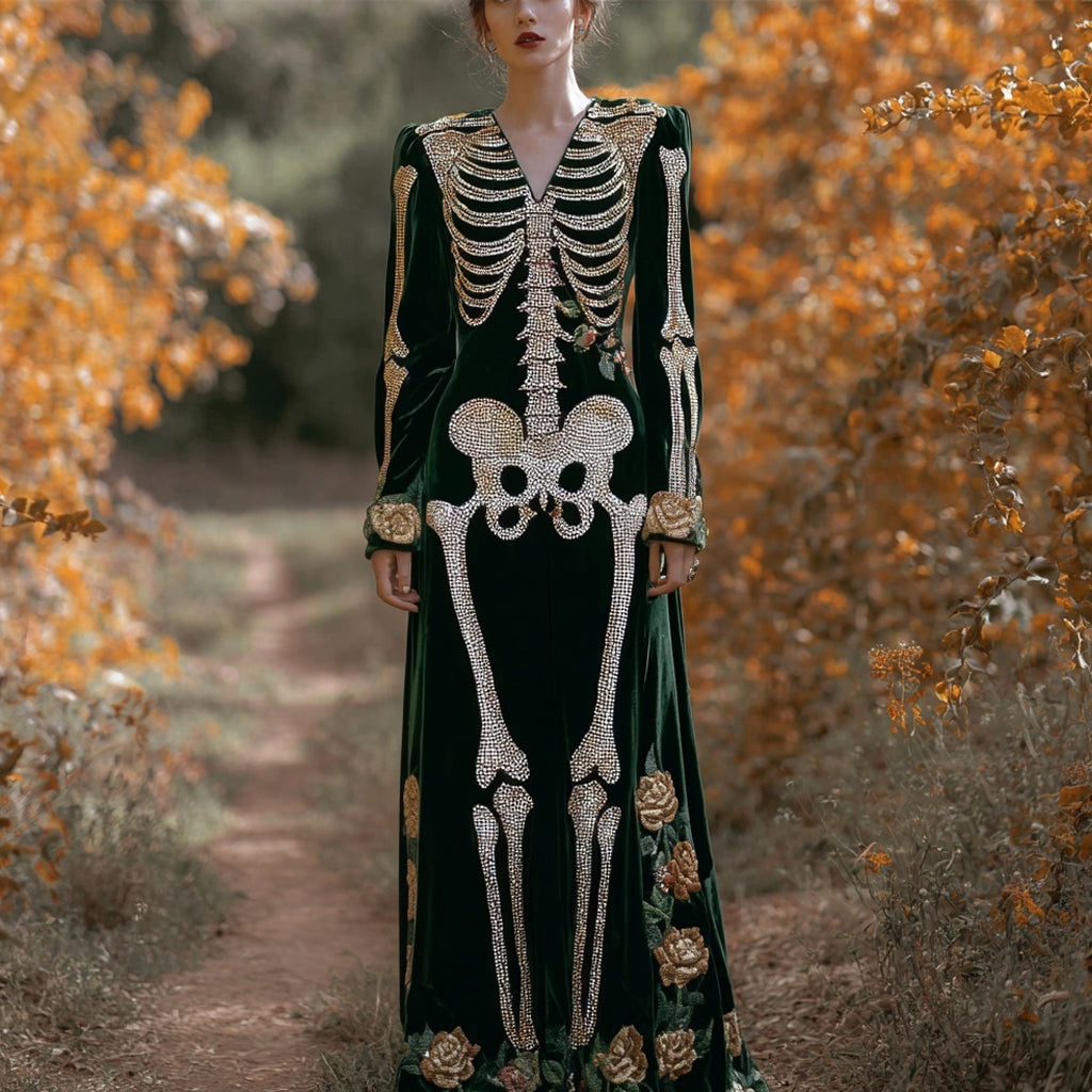 Vintage Glitter Skeleton Roses Embroidered Cozy Maxi Velvet Dress