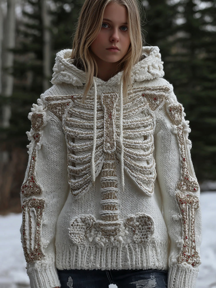 Women's Halloween Skeleton Bones Art Knitted Warm Hooded Sweater