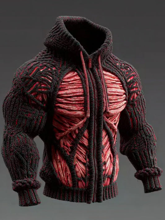 Men's Muscle Line Art Knit Zip Hooded Sweater