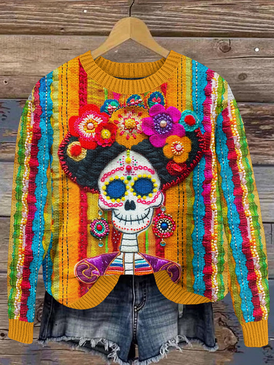 Classy Mexican Sugar Skeleton Catrina Day Of The Dead Inspired Embroidery Art Print Knitted Pullover Sweater