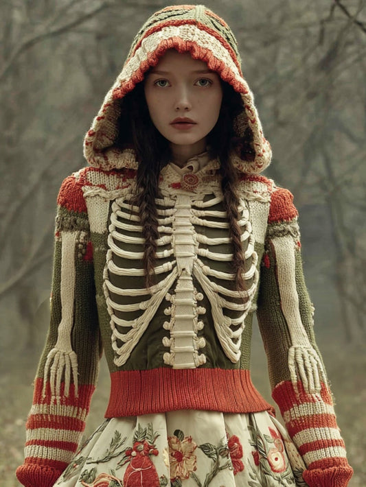 Women's Retro Skeleton Pattern Embroidery Art Knit Hooded Sweater