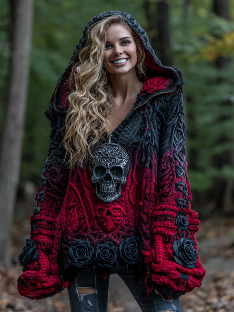 Women's Vintage Viking Tribal Celtic Skull Gradient Art Cozy Knitted Zipper Hoodie