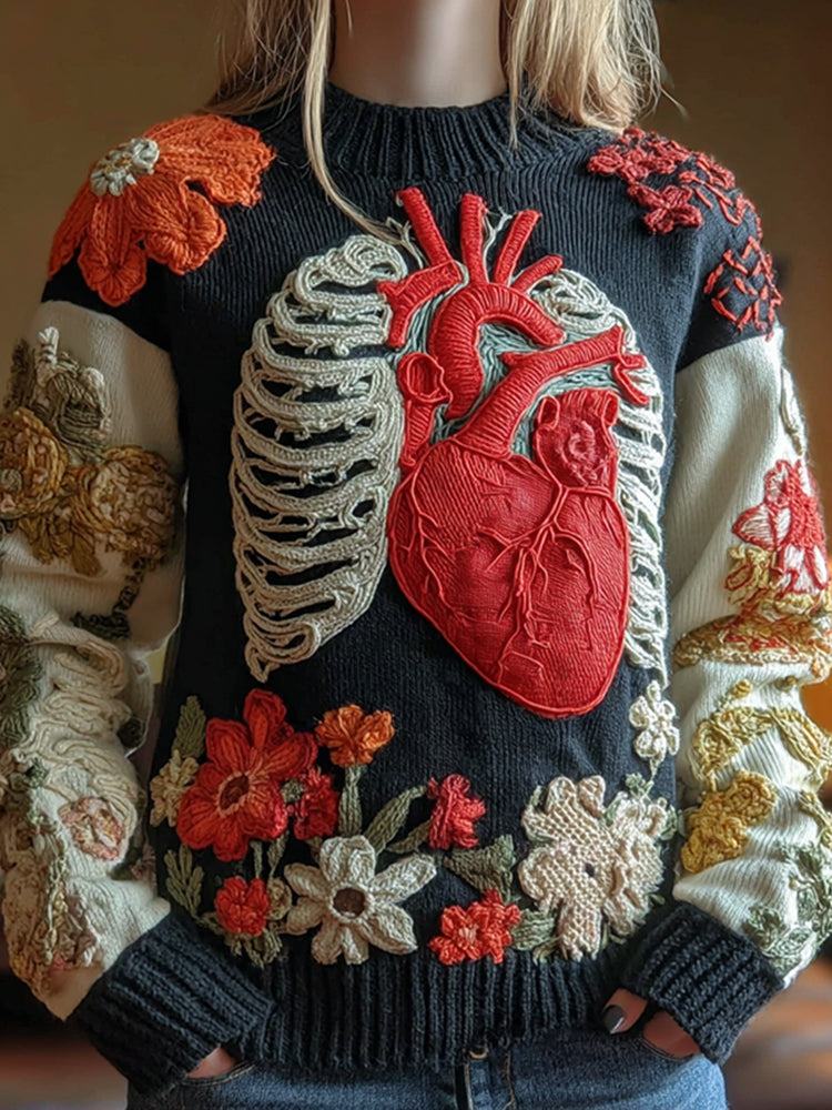 Women's Classic Halloween Anatomy Flower Art Knit Pullover Sweater