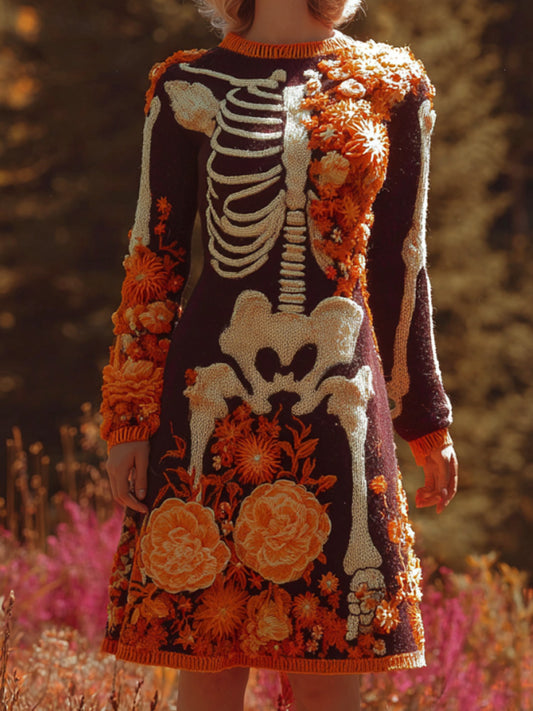 Women's Halloween Warm Tone Skull Rose Embroidered Dress