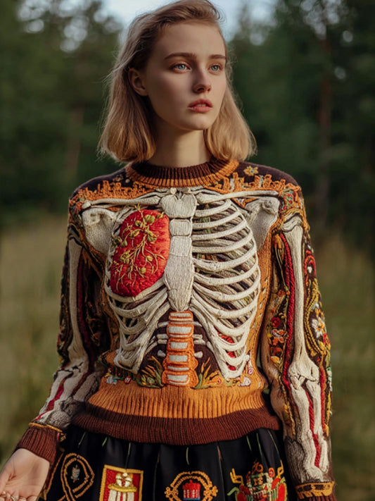 Vintage Halloween Human Anatomy Art Sense Thick Needle Round Neck Sweater