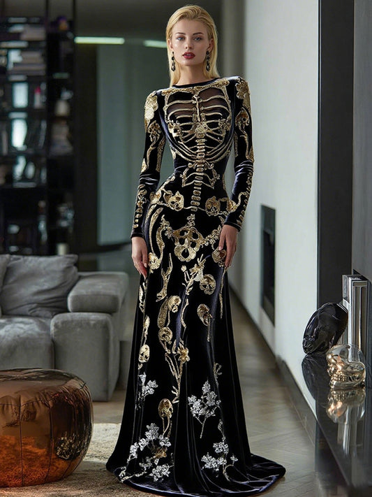 Women's Vintage Skeleton Bones In Gold Art Velvet Maxi Dress