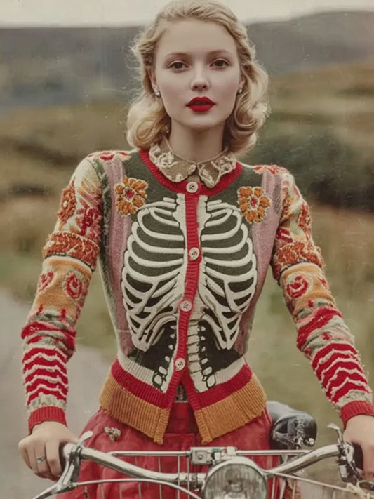 Vintage Halloween Skeleton Bones With Floral Art Chunky Knitted Cardigan