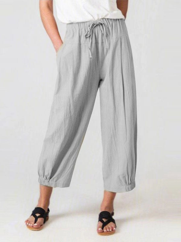 Women's Cotton Linen Drawstring Cropped Pocket Casual Pants