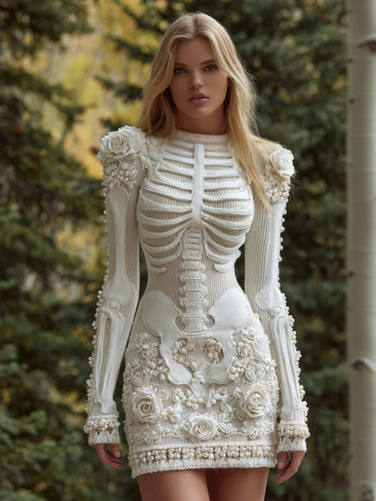 Women's Vintage Halloween Skeleton Bones Rose Art Cozy Knit Mini Sweater Dress