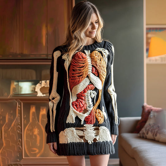 Women's Vintage Halloween Human Organ Art Cozy Knit Sweater Mini Dress